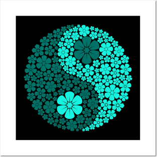 Blue Yin Yang Flowers Posters and Art